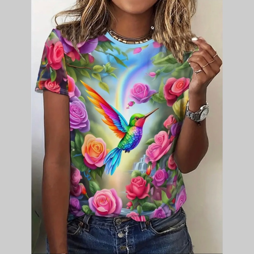 NWT BIRD & FLORAL PRINT CASUAL CREW NECK SHORT SLEEVE T-SHIRT TOP